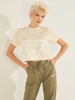 Cream Women's GUESS Cropped Logo T-Shirts | USA39UPBCR