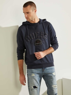 Dark Blue Men's GUESS Eco Murray Logo Hoodies | USA12RGWVT