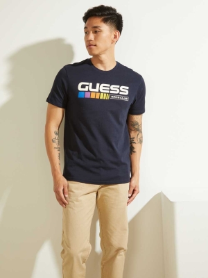 Dark Blue Men's GUESS Eco Race Club T-Shirts | USA69MNAZX