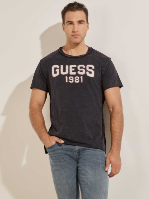 Dark Blue Men's GUESS Eco Raw Patchwork Logo T-Shirts | USA70BQIFL