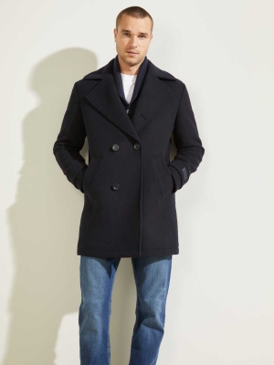 Dark Blue Men's GUESS Military Wool-Blend Coats | USA63YZFIS