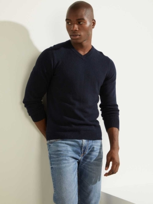 Dark Blue Men's GUESS Owen V-Neck Sweaters | USA96QNEGW