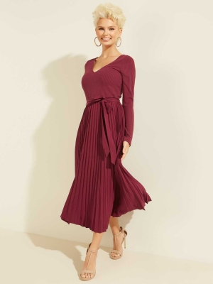 Dark Red Women's GUESS Eco Erynn Pleated Long-Sleeve Dresses | USA41HYDVR