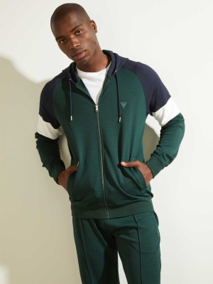 Deep Green Men's GUESS Eco Phil Color-Block Zip-Up Hoodies | USA02OLAXQ