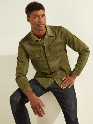 Deep Green Multicolor Men's GUESS Dusty Twill Washed Milton Shirts | USA60XSOQE