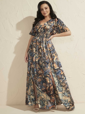 Flower Blue Women's GUESS Slick Paisley Maxi Dresses | USA45TRICS