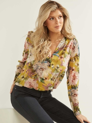 Flower Women's GUESS V-Neck Blouse | USA47CIAVR