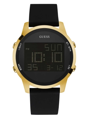 Gold Black Men's GUESS Black and Gold-Tone Digital Chronograph Watches | USA65NKIZU