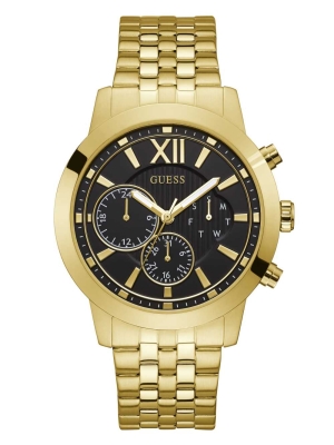 Gold Men's GUESS Black Gold-Tone Multifunction Watches | USA69QUCZH