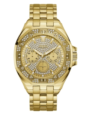 Gold Men's GUESS Gold-Tone Rhinestone Multifunction Watches | USA30ZGEPK