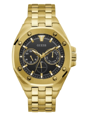 Gold Men's GUESS Gold-Tone and Black Multifunction Watches | USA48LIQJM