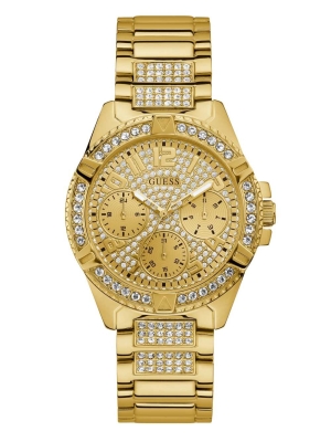 Gold Women's GUESS Rhinestone Gold-Tone Multifunction Watches | USA75JACYZ