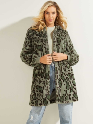 Green Olive Women's GUESS Fernanda Leopard Faux-Fur Coats | USA16FLDHZ