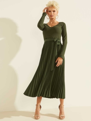 Green Women's GUESS Eco Erynn Pleated Long-Sleeve Dresses | USA94UFCVP