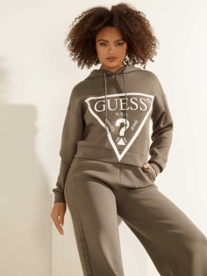 Green Women's GUESS Eco Logo Hooded Sweatshirt | USA65DKSVY