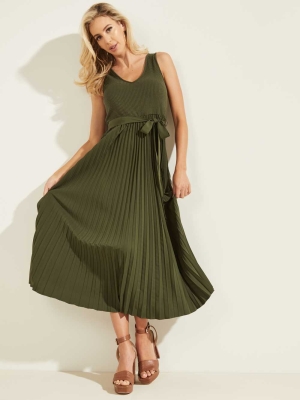 Green Women's GUESS Erynn Pleated Dresses | USA17NYLRA