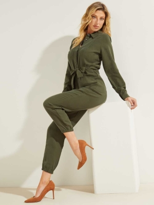 Green Women's GUESS Neva Sandwashed Jumpsuits | USA26QFGNC