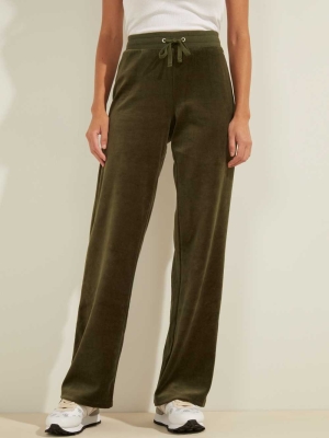 Green Women's GUESS Velour Logo Pants | USA75EGFPW