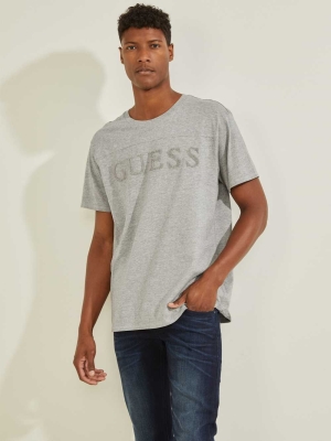 Grey Men's GUESS Chenille Logo T-Shirts | USA63THIME