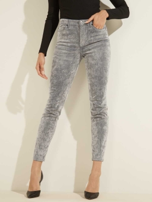 Grey Women's GUESS 1981 Velvet Flocked Skinny Jeans | USA26SUBXI