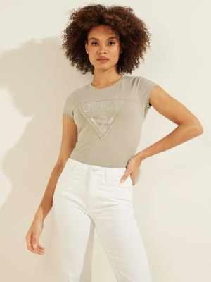 Grey Women's GUESS Embellished Logo T-Shirts | USA45YCZGD