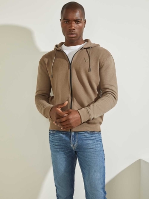 Khaki Men's GUESS Eco Aldwin Zip-Up Sweatshirt | USA76YEXGM