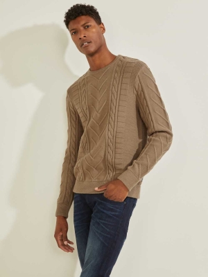 Khaki Men's GUESS Liam Mixed Cable Sweaters | USA30IOFDM