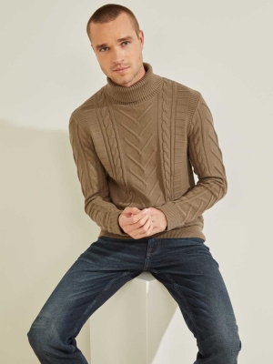 Khaki Men's GUESS Liam Mixed Cable Turtleneck Sweaters | USA12HYAUC