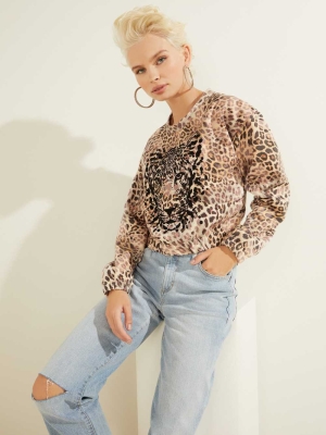 Leopard Women's GUESS Leopard Pullover Sweatshirt | USA07YZNVT