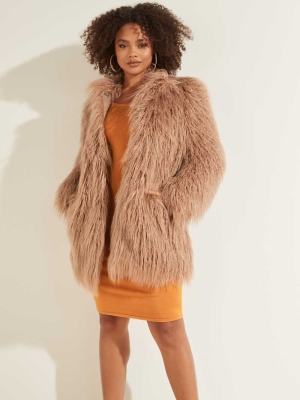 Light Coffee Women's GUESS Maurizia Shaggy Faux-Fur Coats | USA23IVQDX