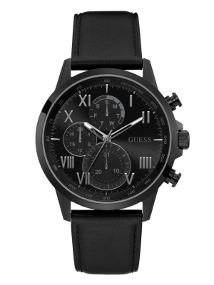 Multicolor Men's GUESS Black-Tone And Black Leather Chronographic Watches | USA10HCZWA