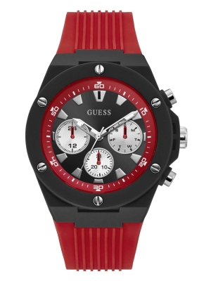 Multicolor Men's GUESS Black and Red Silicone Multifunction Watches | USA18WAPQC