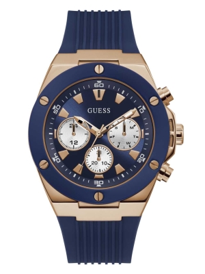 Multicolor Men's GUESS Blue And Rose-Gold Silicone Watches | USA07YZFLD