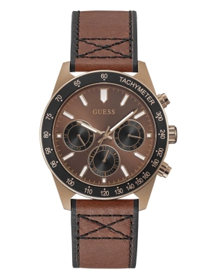 Multicolor Men's GUESS Coffee-Tone and Brown Leather Multifunction Watches | USA38KCZPS