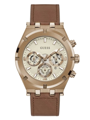 Multicolor Men's GUESS Coffee-Tone and Leather Multifunction Watches | USA02UAYSQ