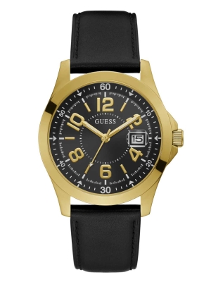 Multicolor Men's GUESS Gold-Tone And Black Leather Strap Analog Watches | USA93TDIGL