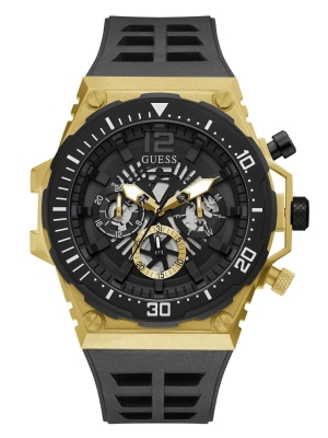 Multicolor Men's GUESS Gold-Tone and Black Exposed Dial Multifunction Watches | USA13TKGVL