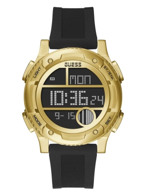 Multicolor Men's GUESS Gold-Tone and Black Silicone Digital Watches | USA34CJSAH