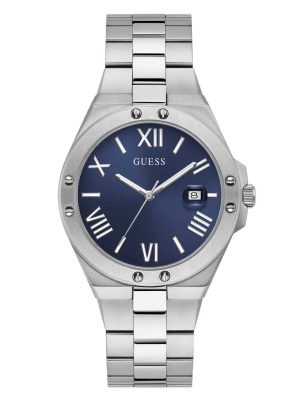 Multicolor Men's GUESS Perspective Silver-Tone and Blue Analog Watches | USA67NYIXJ