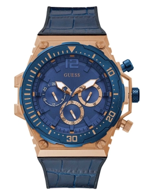 Multicolor Men's GUESS Rose Gold-Tone and Blue Multifunction Watches | USA03SNUPV