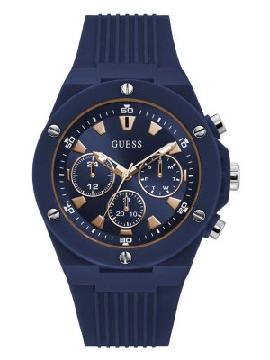 Multicolor Men's GUESS Rose Gold-Tone and Navy Silicone Multifunction Watches | USA45OKVTH