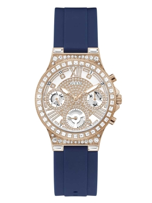 Multicolor Women's GUESS Rose Gold-Tone and Blue Silicone Multifunction Watches | USA74JQLRT