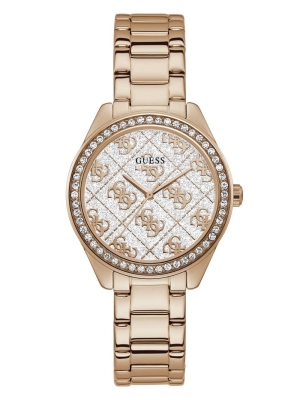 Multicolor Women's GUESS Rose Gold-Tone Glitter Logo Watches | USA84MZUGQ