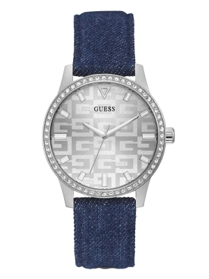 Multicolor Women's GUESS Silver-Tone and Denim Logo Analog Watches | USA35XMCTN