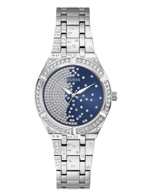 Multicolor Women's GUESS Silver-Tone and Blue Analog Watches | USA65GOCPR