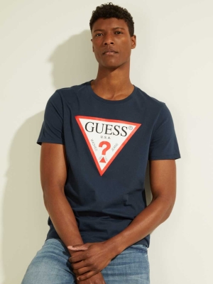 Navy Men's GUESS Classic Logo T-Shirts | USA13INSZM