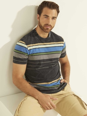 Navy Men's GUESS Eli Acid Wash Stripe T-Shirts | USA63BKPYT