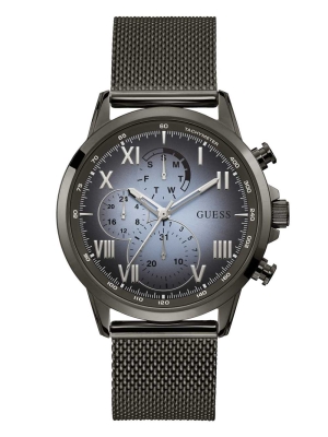 Obsidian Men's GUESS Gunmetal And Blue Mesh Multifunctional Watches | USA93ZHJSI