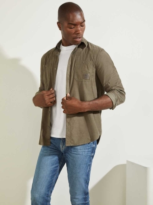 Olive Men's GUESS Collins Corduroy Shirts | USA78CERHK