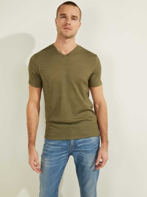 Olive Men's GUESS Gauze V-Neck T-Shirts | USA36UADQV